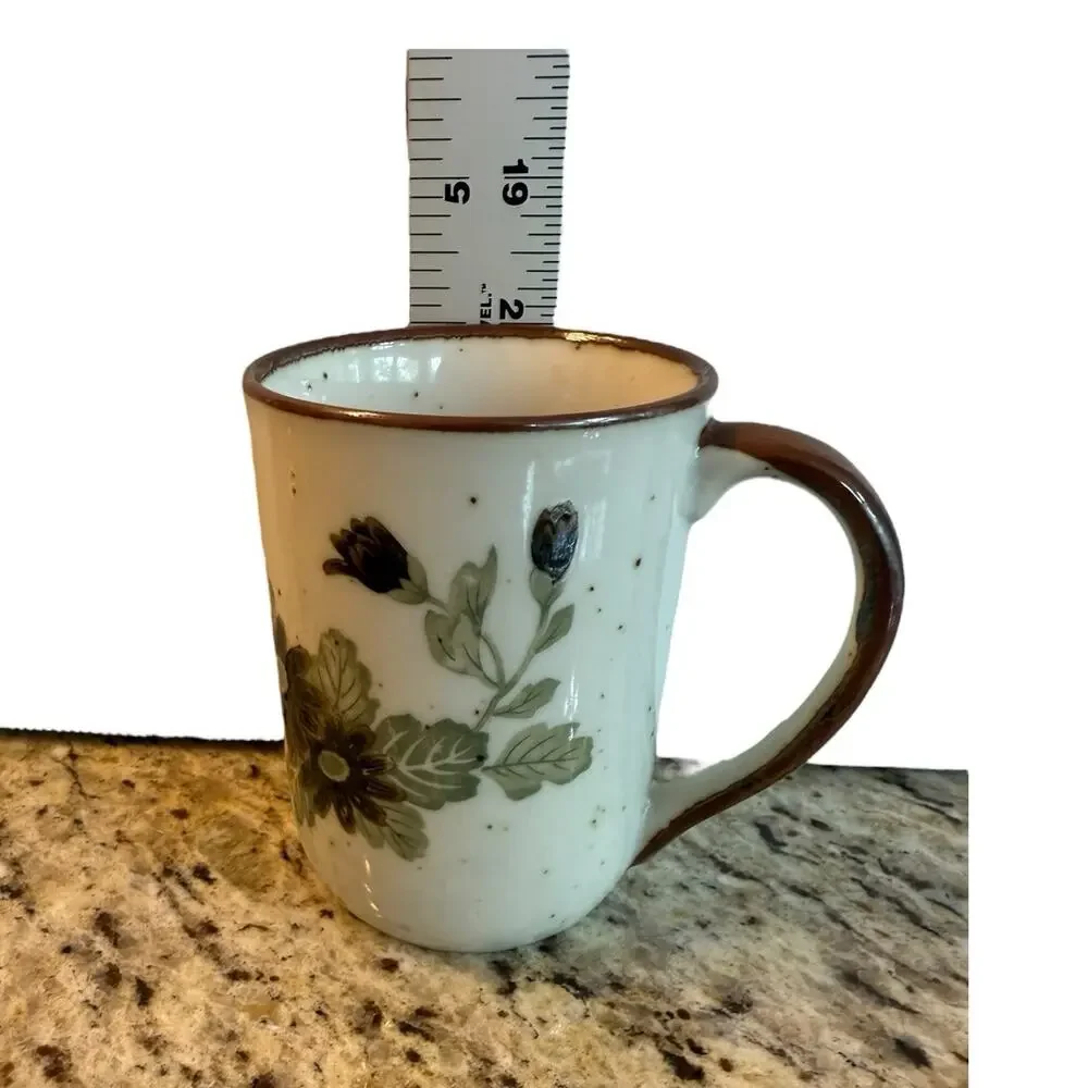 4 Retro CottageCore Floral‎ Speckled Stoneware Mugs Green Brown Flowers EUC